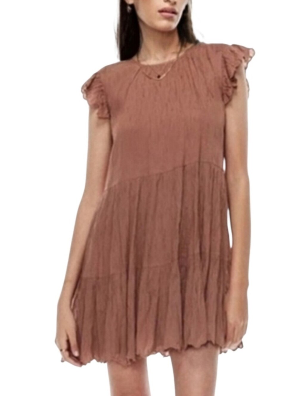 Aritzia Wilfred La Boheme SIDONIE Tiered Ruffle Minidress mocha Sorbet Medium